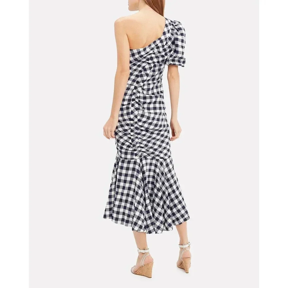 Jonathan Simkhai Lux Twill One-Shoulder Gingham Dress Navy Size 8 - Picture 3 of 10